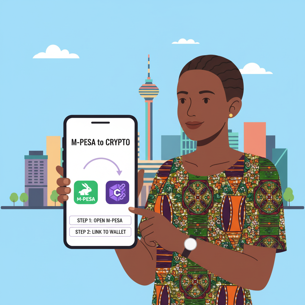 Kenyan professional on smartphone linking M-Pesa to crypto wallet app, clean interface, vibrant Nairobi backdrop, realistic digital art
