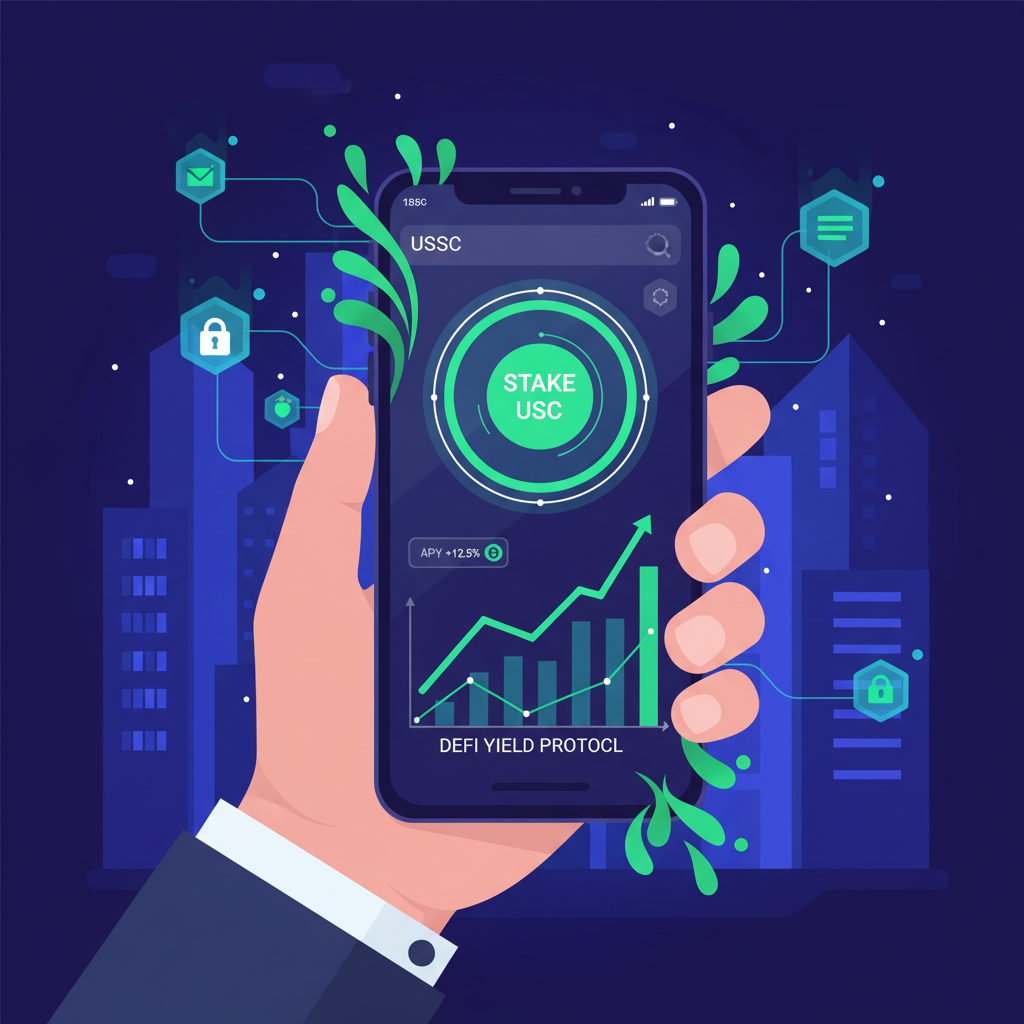 User staking USDC in DeFi dashboard on mobile, yield graphs rising, blockchain nodes, professional cyberpunk style, green growth accents