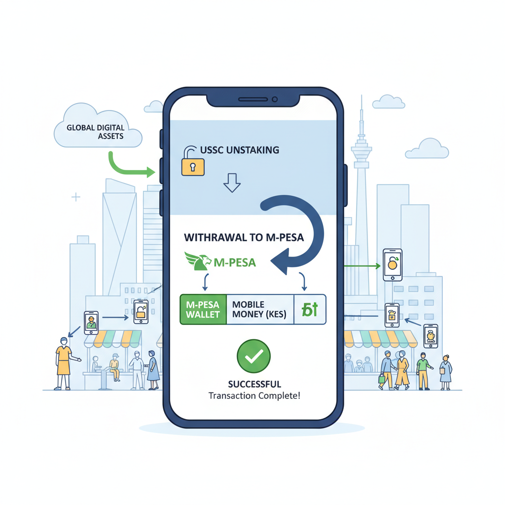 Phone displaying USDC unstaking and withdrawal to M-Pesa, money flow arrows, success checkmark, Kenyan fintech scene, realistic illustration