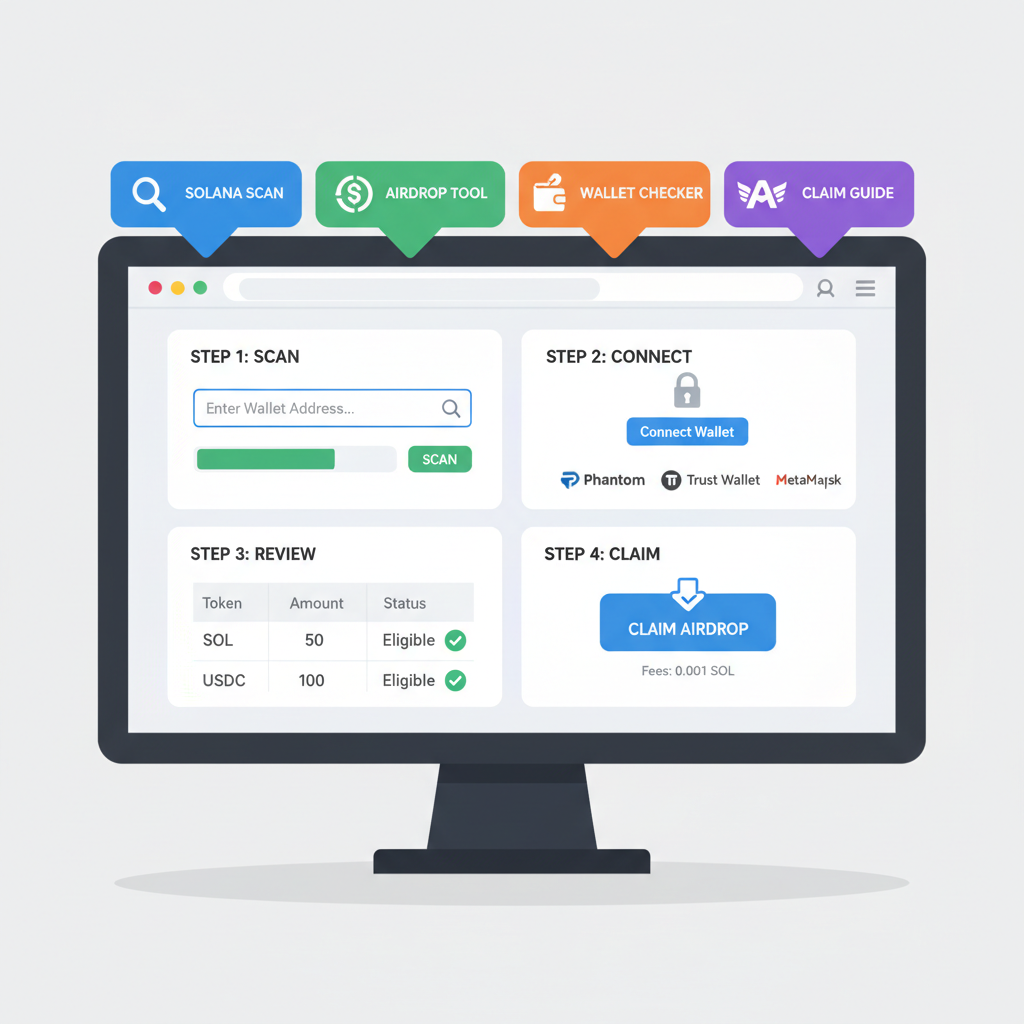 Browser tabs open with multiple airdrop checker tools displaying Solana wallet scan