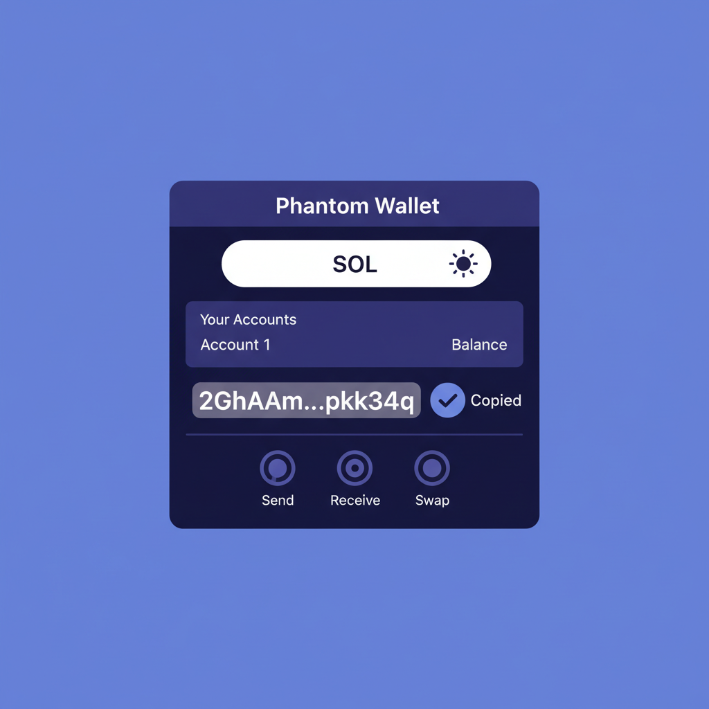 Clean screenshot of Phantom wallet showing public address copied to clipboard