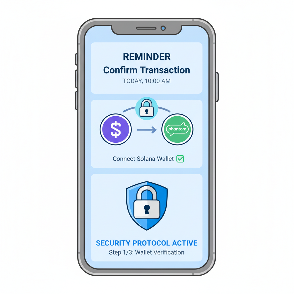 Calendar reminder on phone with Solana wallet icons and security lock