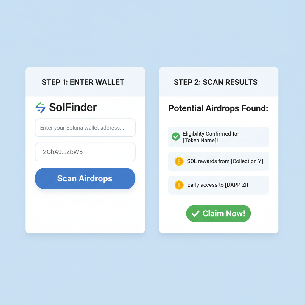 SolFinder website interface with wallet address input and airdrop scan results