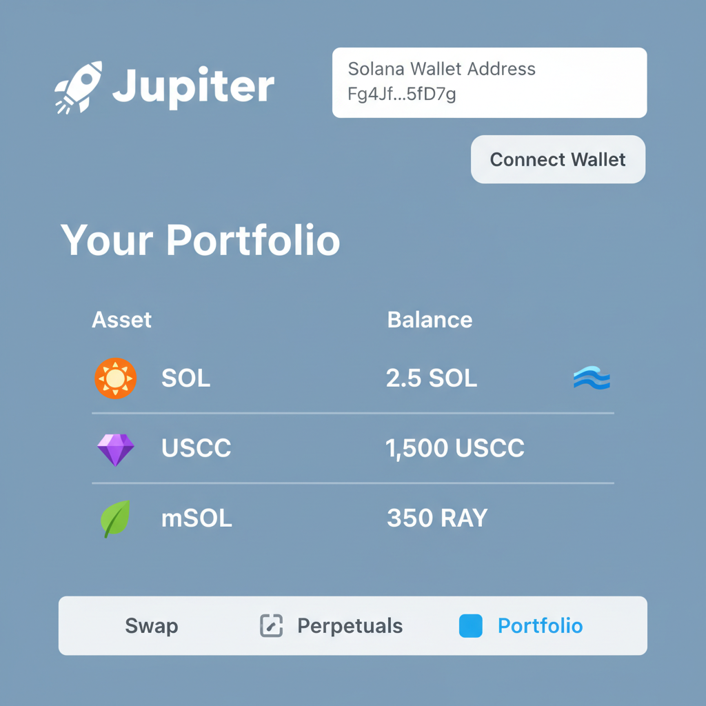 Jupiter.ag portfolio page with Solana wallet address entered and token list visible