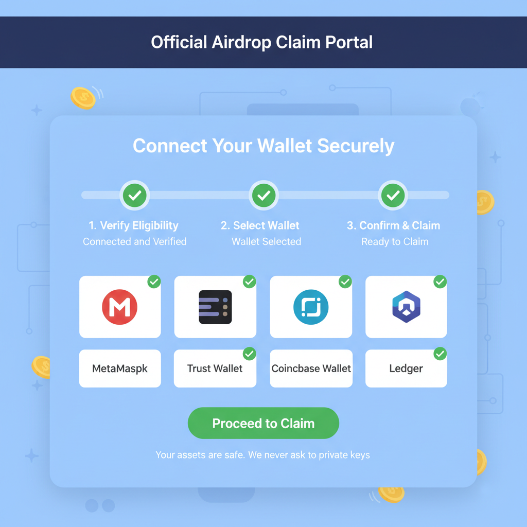 Secure wallet connection prompt on official airdrop claim page with verification checkmarks