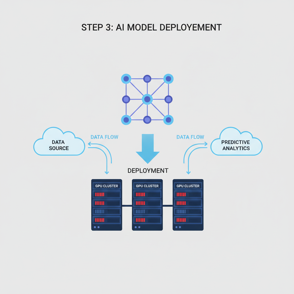 AI model deploying to GPU cluster, data flow arrows, neural network visualization