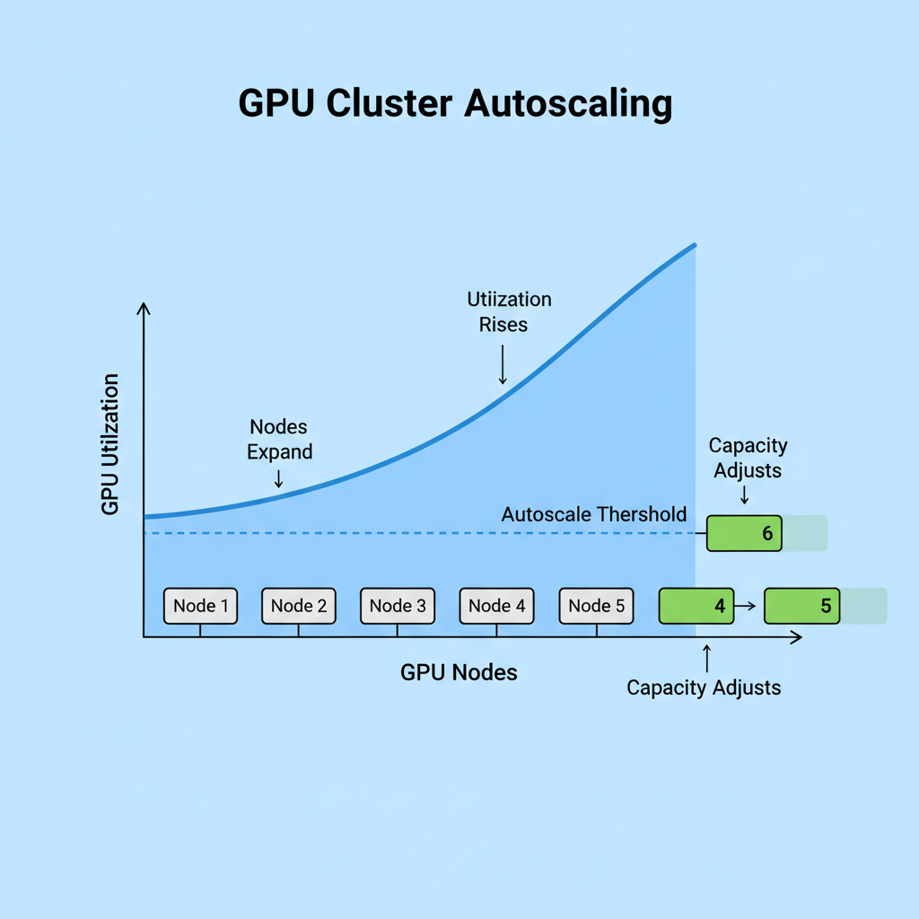 graph showing GPU cluster autoscaling, utilization curve rising, nodes expanding