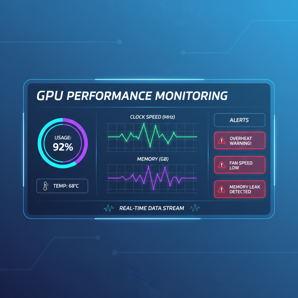 real-time monitoring dashboard with GPU metrics, charts and alerts, futuristic UI