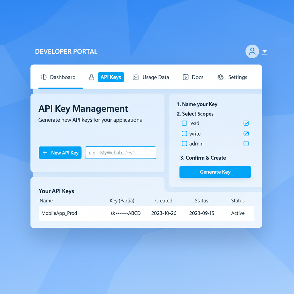 sleek developer dashboard screen showing API key generation interface, modern UI, blue tones
