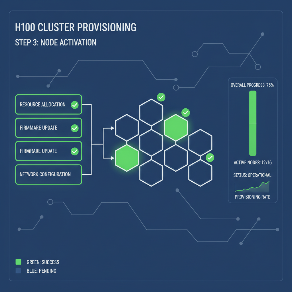 dashboard visualizing H100 GPU cluster provisioning, nodes lighting up, green success indicators