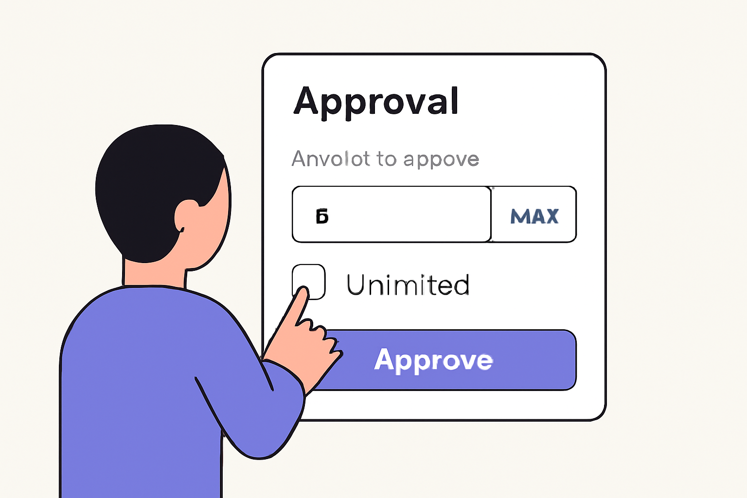 A user typing a specific token amount into an approval window, with a warning sign next to an 'Unlimited' option.