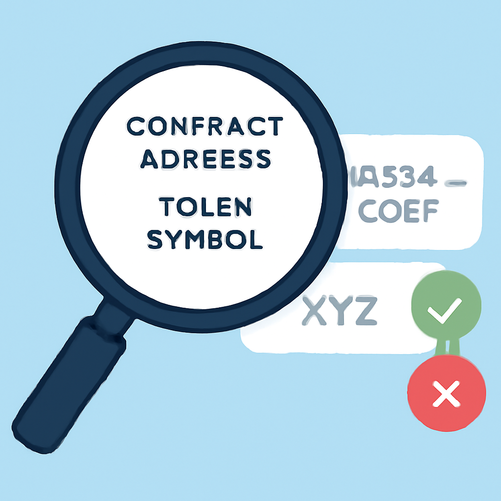 A magnifying glass hovering over a contract address and token symbol, with a checkmark and a red cross for verification.