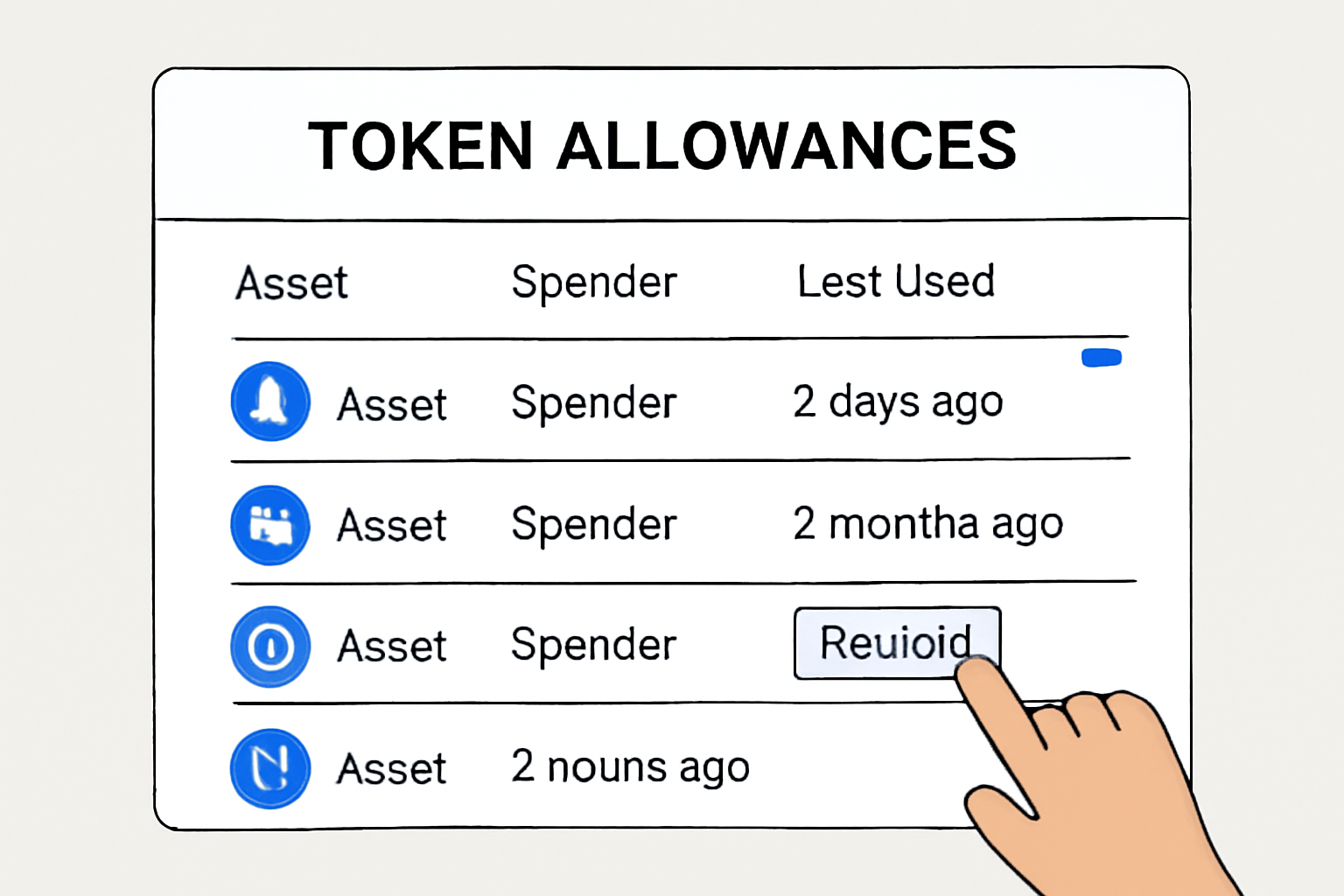 A dashboard displaying a list of token allowances, with a user clicking a 'Revoke' button next to an old entry.