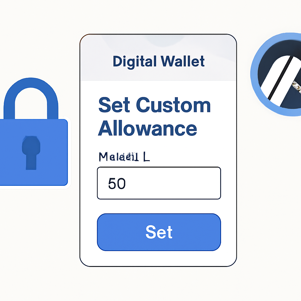 A digital wallet interface showing a user setting a custom token allowance, with a lock symbol and Arbitrum logo in the background.