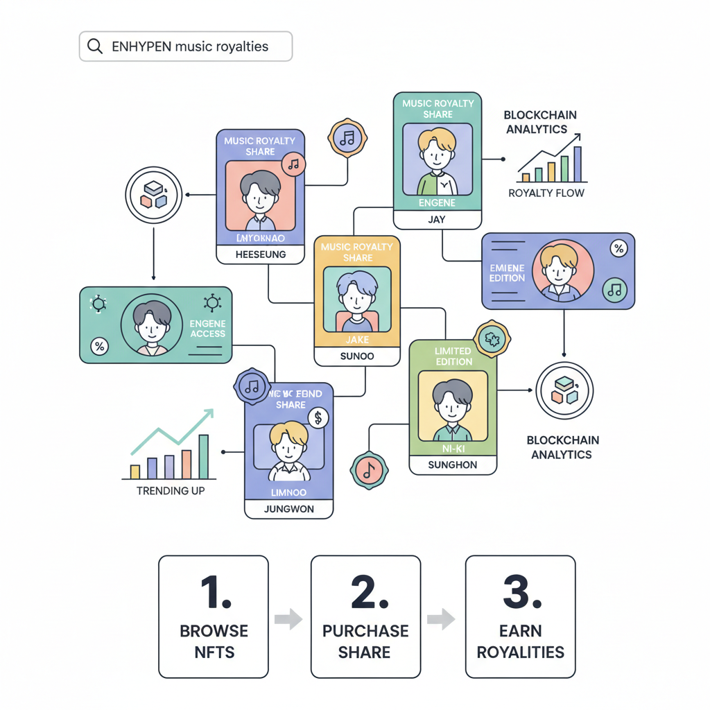 marketplace search results for ENHYPEN music royalties, NFT cards with K-Pop idol images, blockchain charts, dynamic grid layout