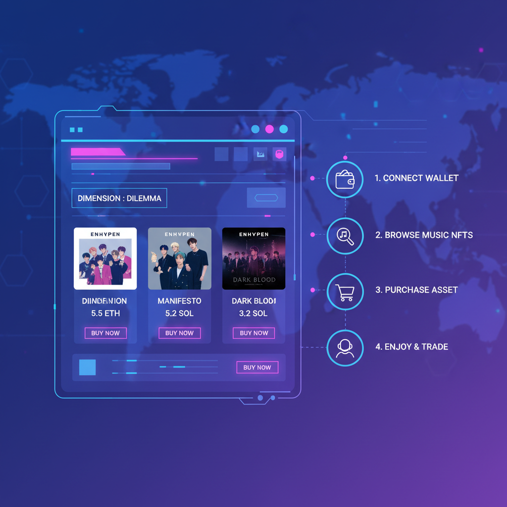 futuristic blockchain marketplace dashboard showing music NFT listings, neon blues and purples, high-tech UI, ENHYPEN album art thumbnails