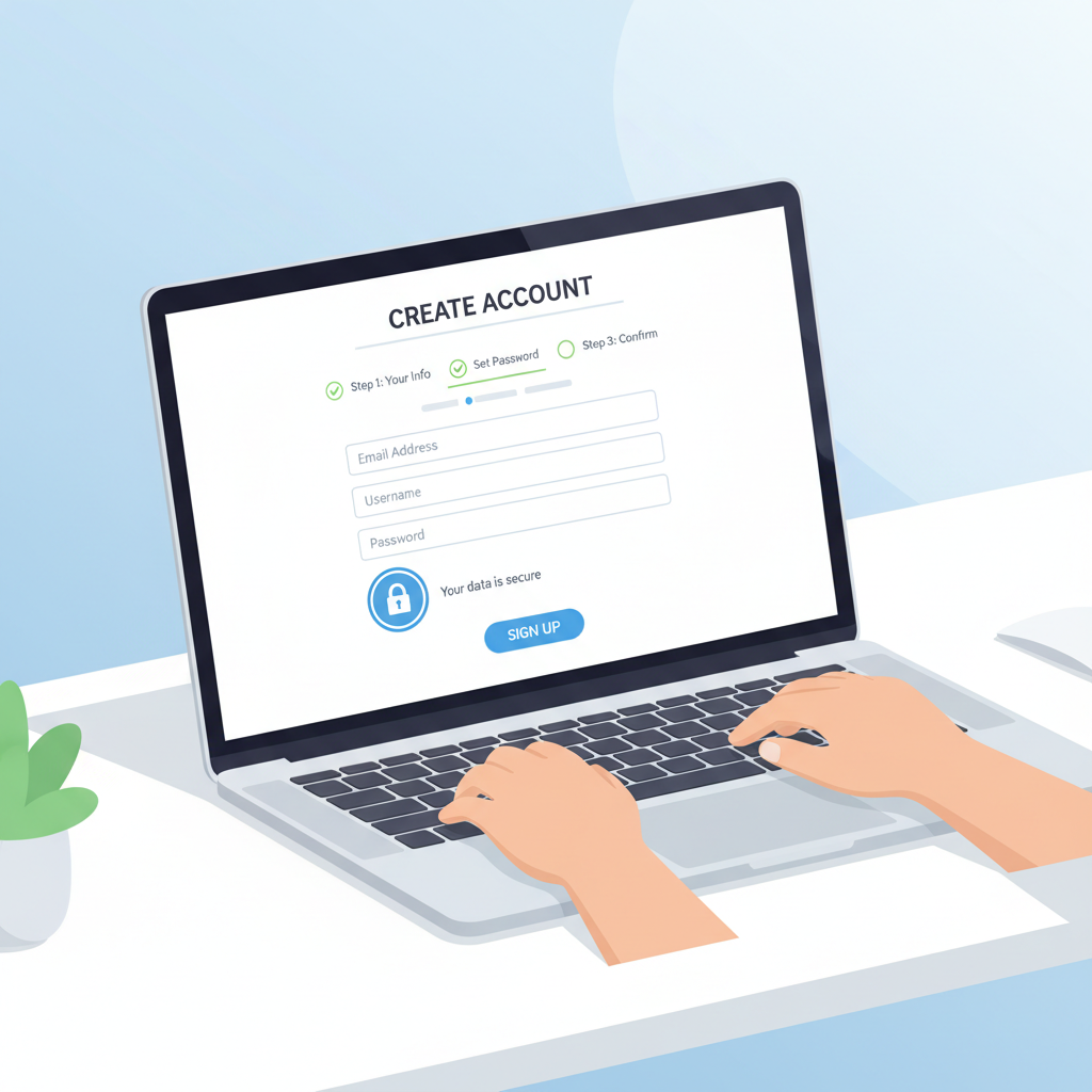 clean web signup form on laptop screen, user entering details, secure lock icon, modern minimalist design