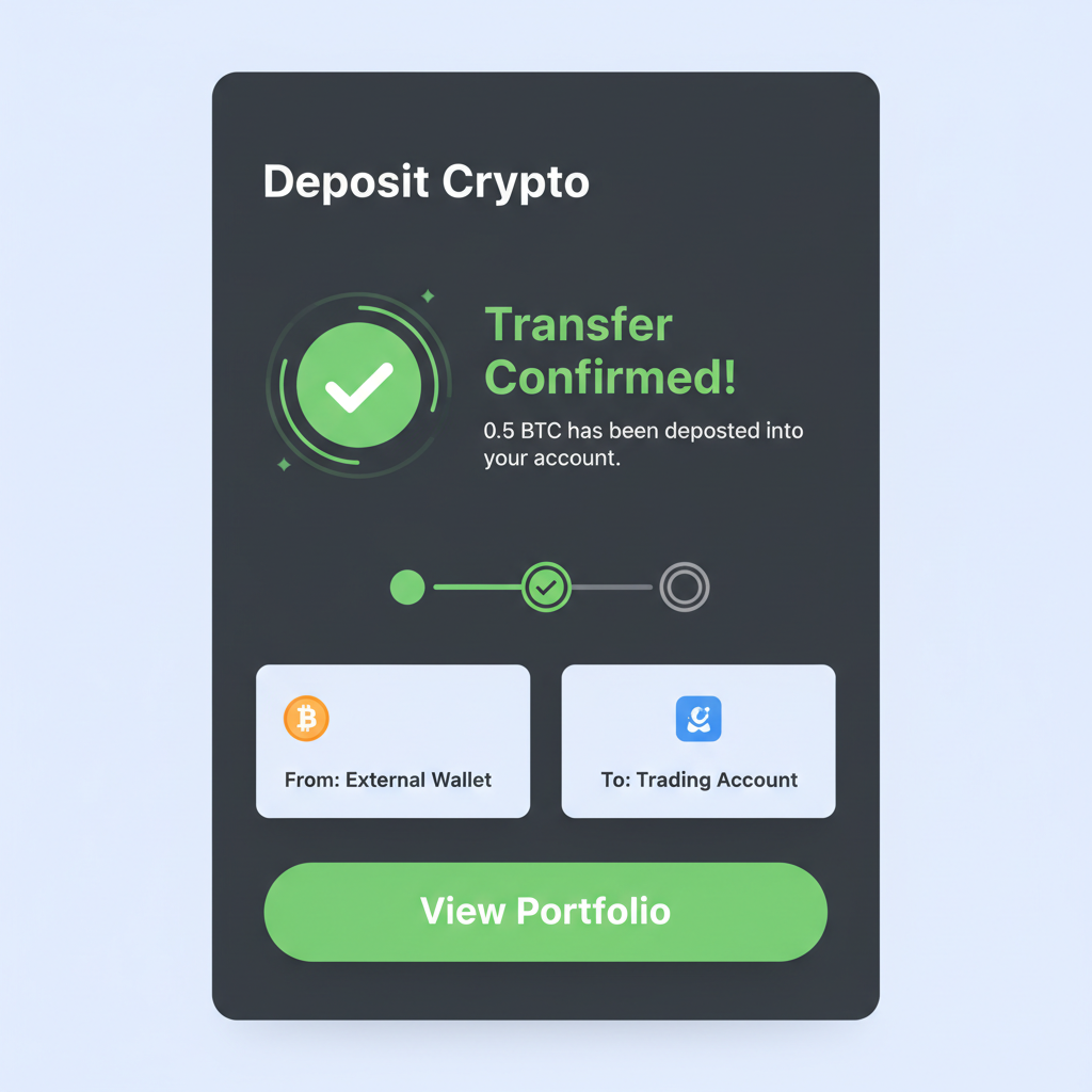 deposit screen on trading app, crypto transfer animation, green checkmark confirmation, sleek interface
