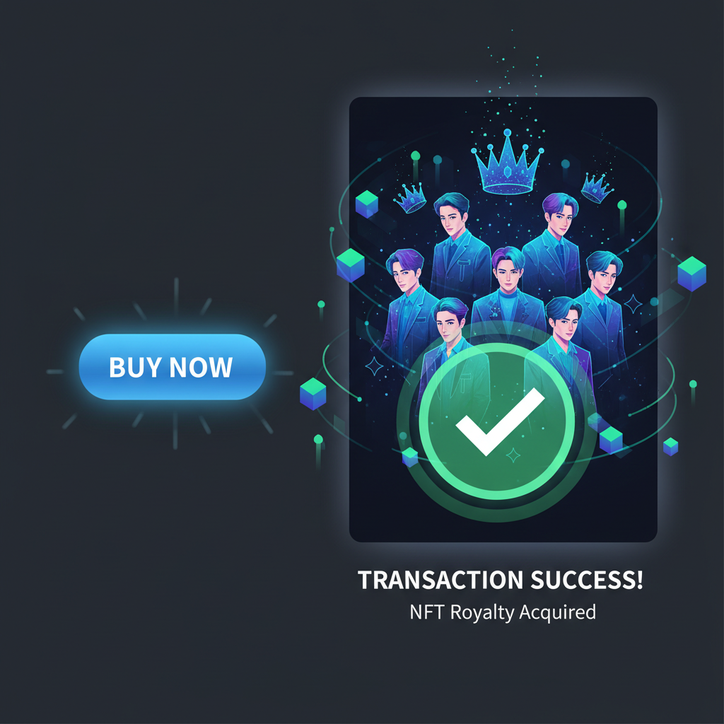 buy button clicked on NFT royalty listing, transaction success animation, ENHYPEN artwork, glowing blockchain effects