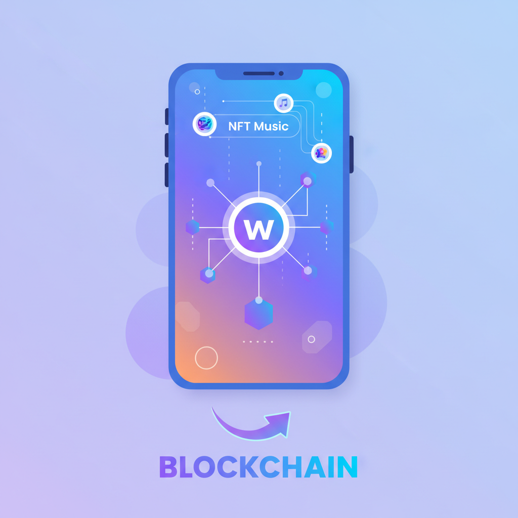 smartphone displaying crypto wallet app connected to blockchain, NFT music icons floating, vibrant gradients