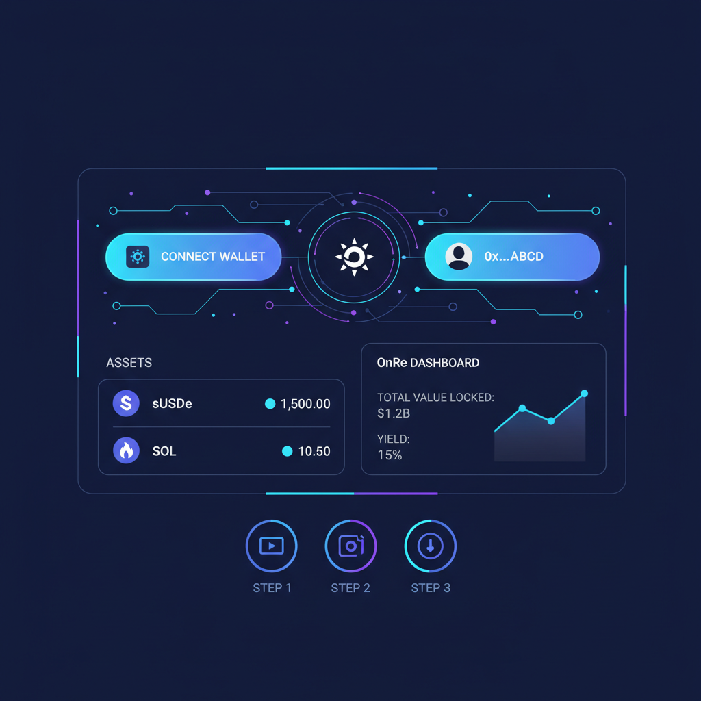 Solana wallet connection screen with sUSDe tokens and OnRe dashboard, futuristic DeFi interface