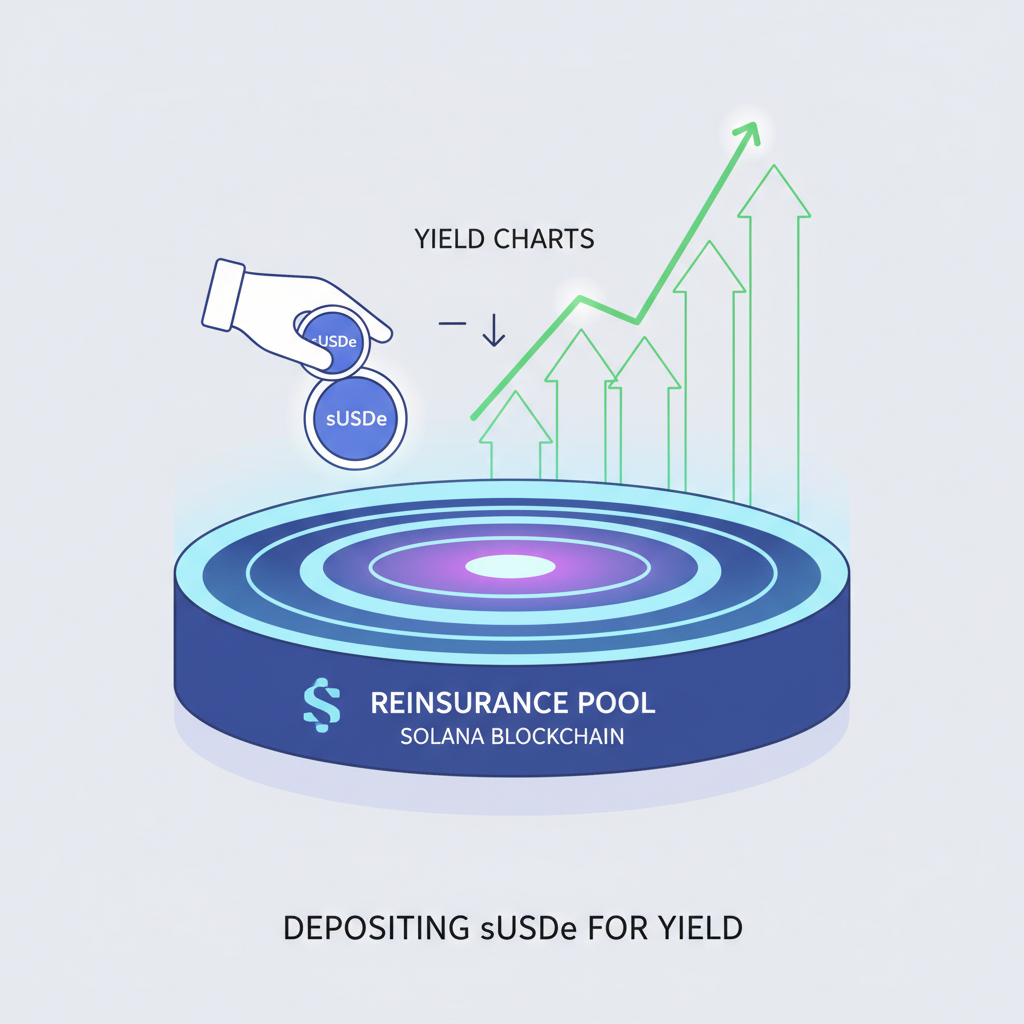 Depositing sUSDe into glowing reinsurance pool on Solana blockchain, yield charts rising