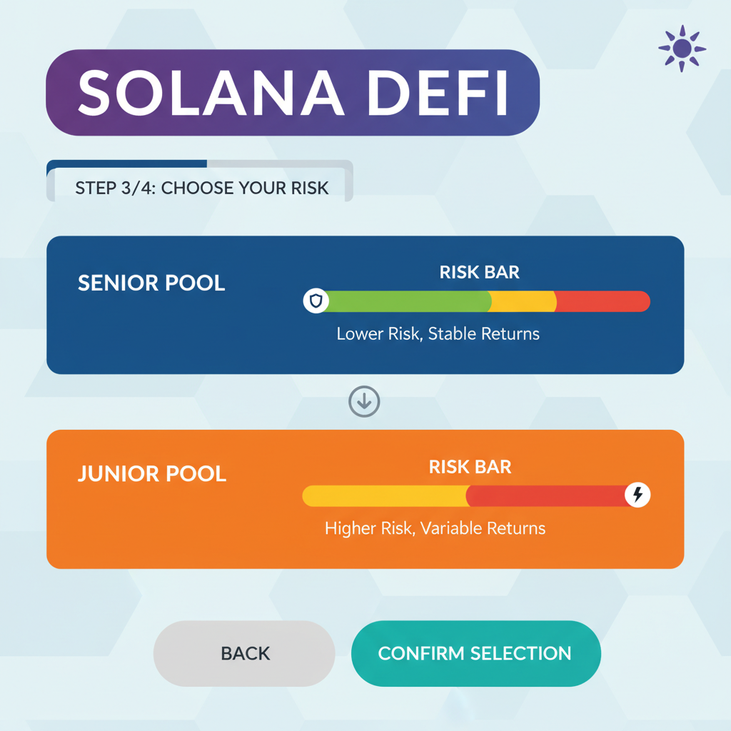 Tranche selection interface with risk bars, senior/junior pools on Solana DeFi screen