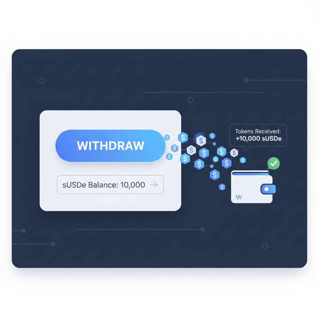 Withdrawal button on OnRe pool interface, sUSDe tokens flowing out to wallet
