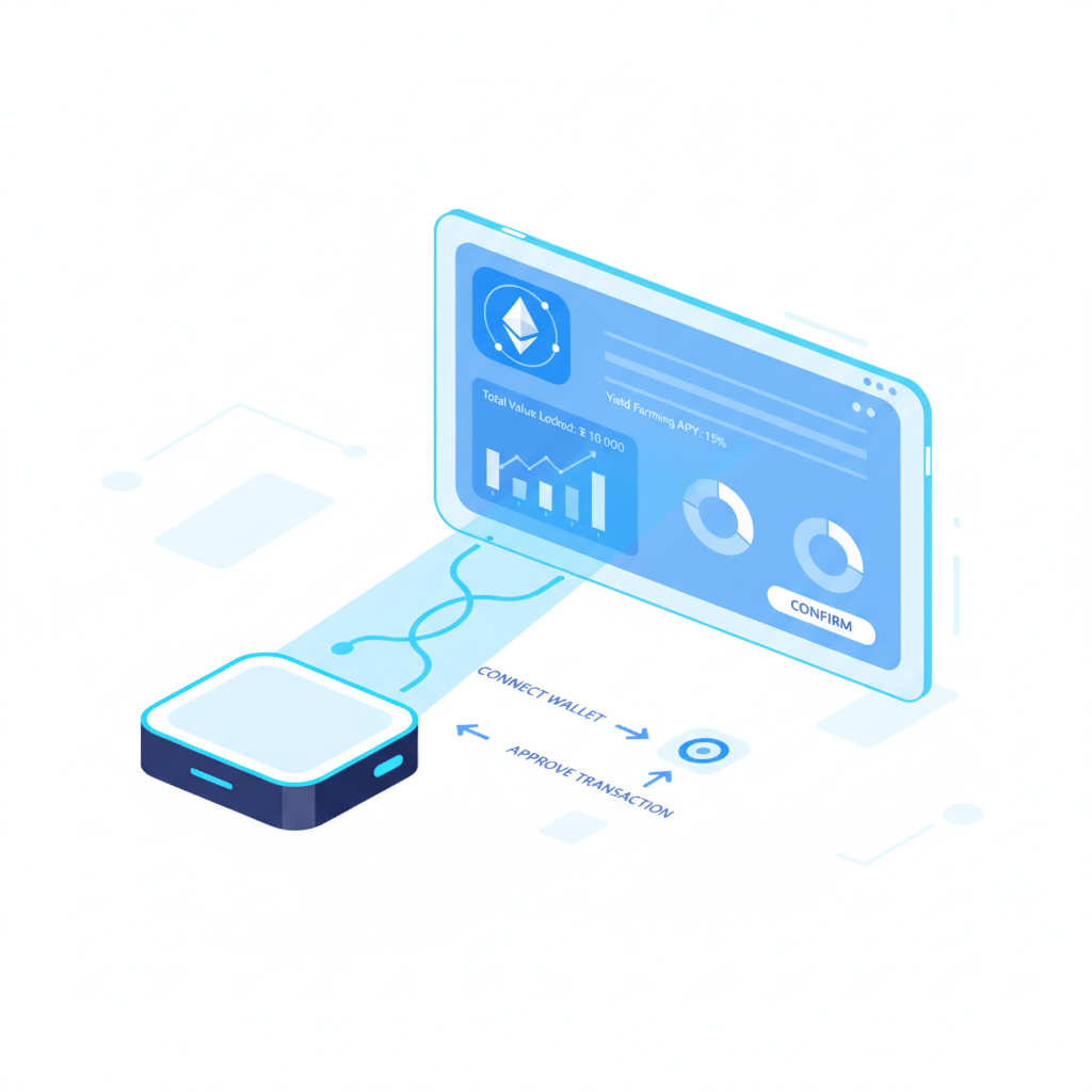 futuristic wallet connecting to DeFi dashboard, sleek blue UI, Ethereum logo