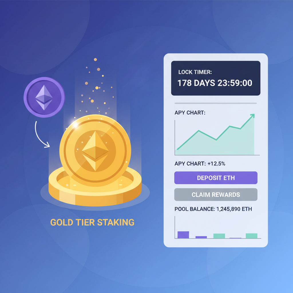 ETH deposit into glowing gold tier pool, staking UI with lock timer, charts