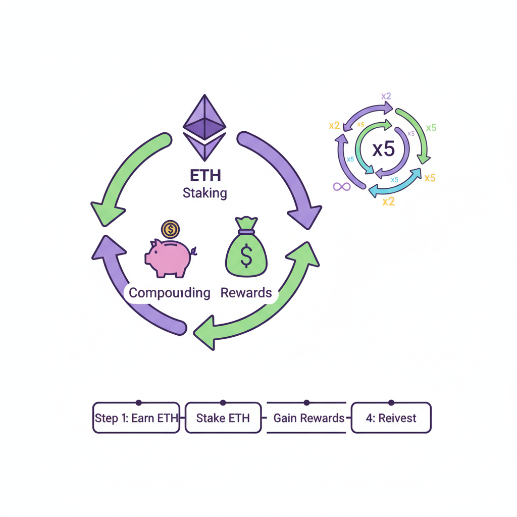 compounding reinvest cycle diagram, ETH arrows looping, multiplier icons