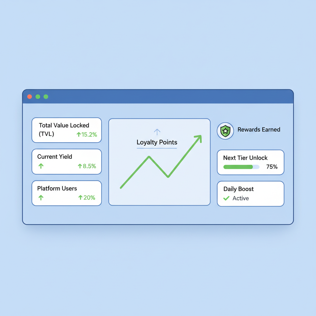 DeFi dashboard with rising loyalty points graph, metrics panels, green trends