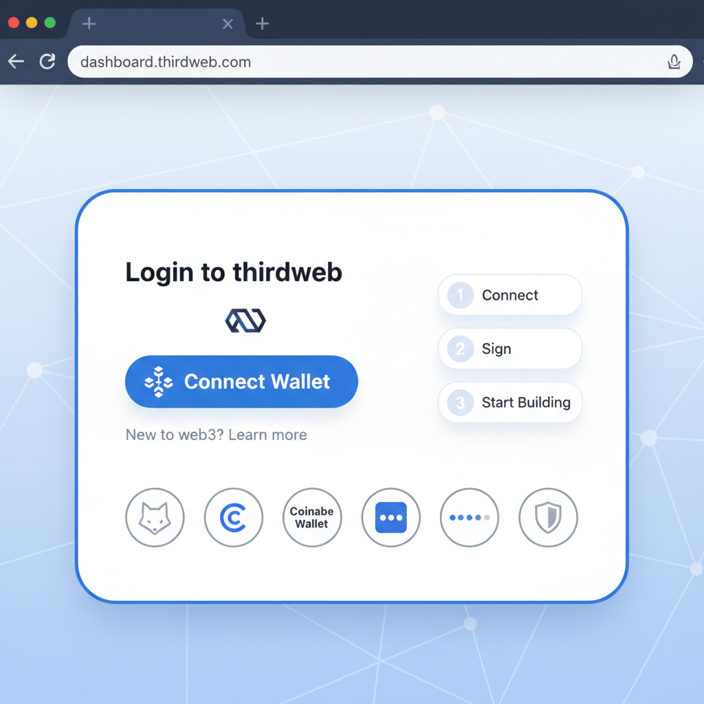 thirdweb dashboard login screen with wallet connect button, modern web3 UI, clean design