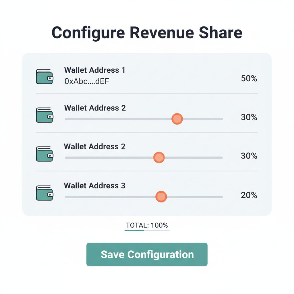 revenue share configuration form with wallet addresses and percentage sliders