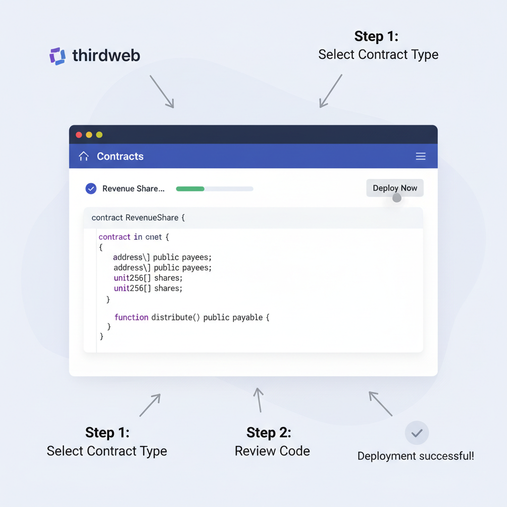 thirdweb contracts tab deploying revenue share contract, code snippet visible