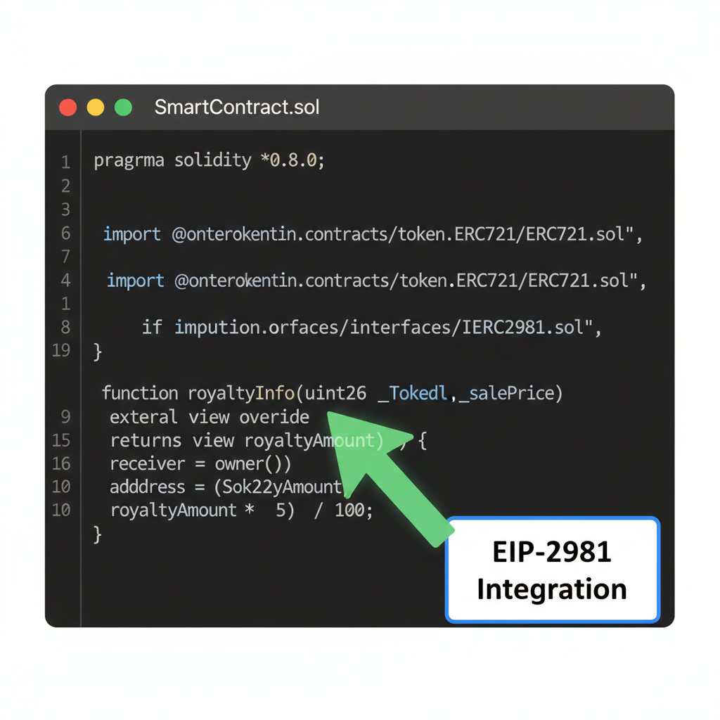 smart contract code snippet showing EIP-2981 royaltyInfo function integration