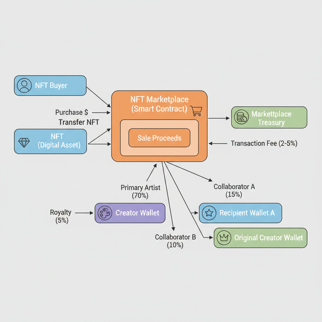 on-chain transaction flow from NFT sale to split recipients, graph visualization