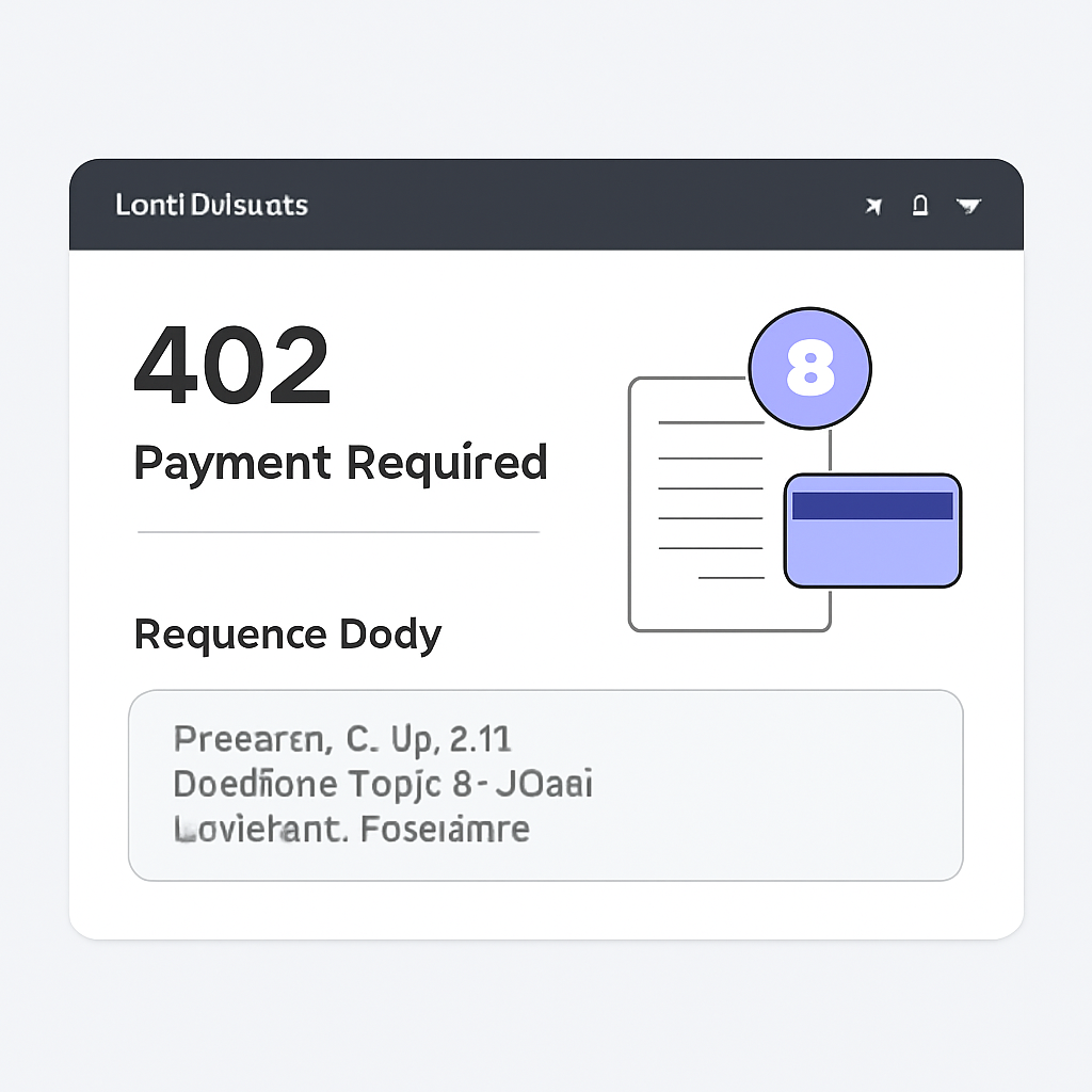 A web server dashboard displaying HTTP 402 Payment Required status with crypto payment details in the response body, clean and modern style