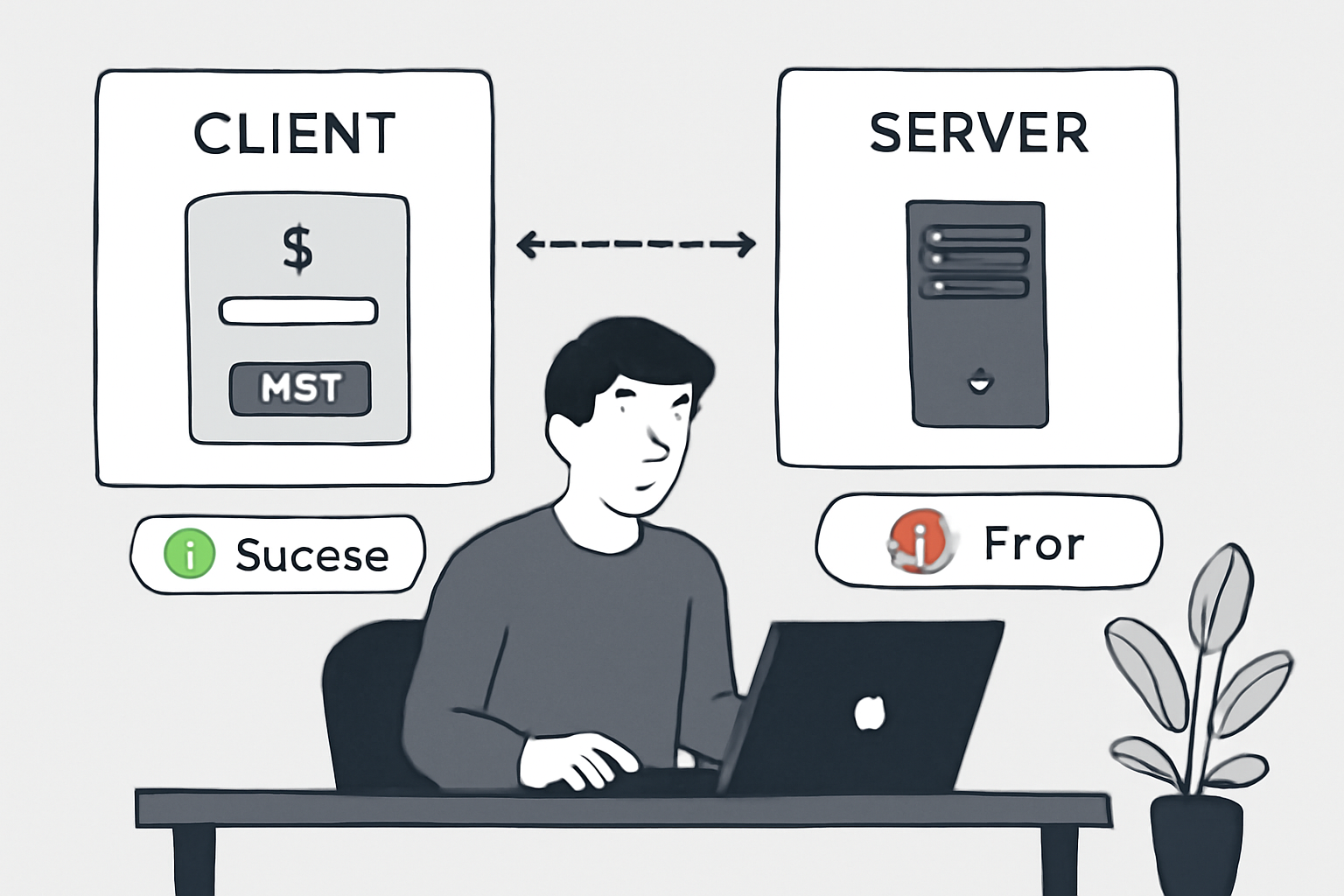 A developer testing the payment flow between client and server, with success and error states highlighted, modern test environment