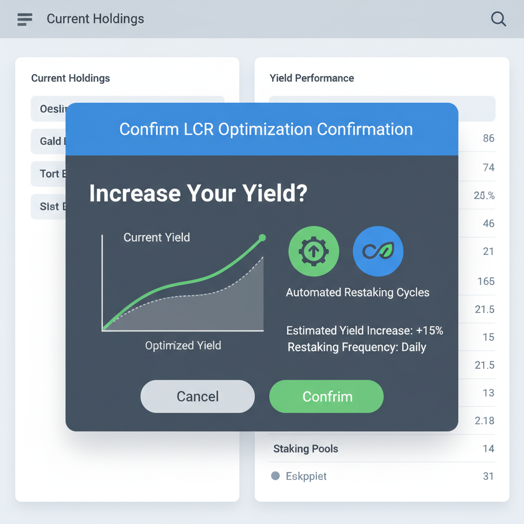 LCR optimization confirmation modal, yield graphs and restaking cycles illustrated, professional dashboard