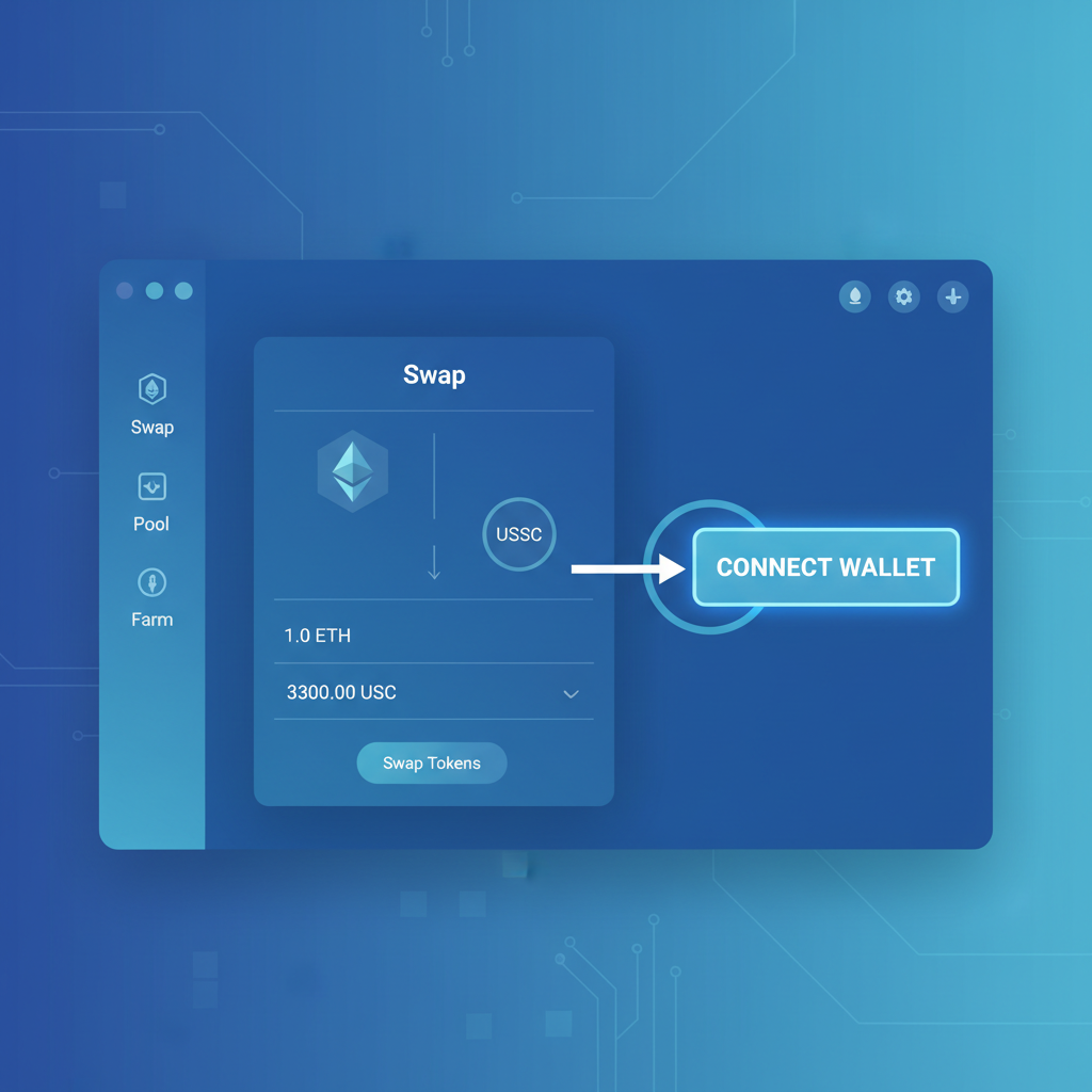clean DeFi DEX interface with wallet connection button highlighted, futuristic AI blue tones, professional UI
