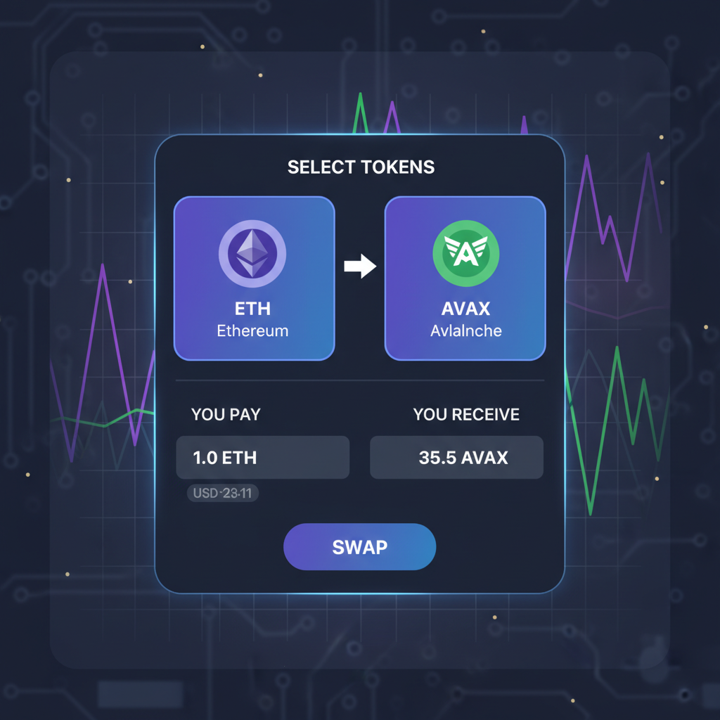 DeFi swap interface selecting token pairs, asset icons, real-time charts in background, sleek design