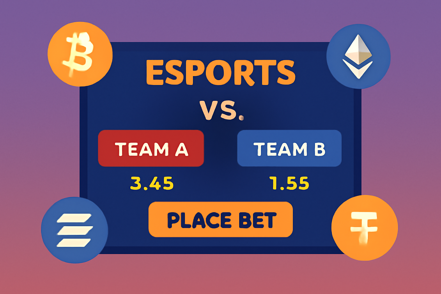 A vibrant esports match interface with teams, odds, and a highlighted 'Place Bet' button, surrounded by crypto symbols