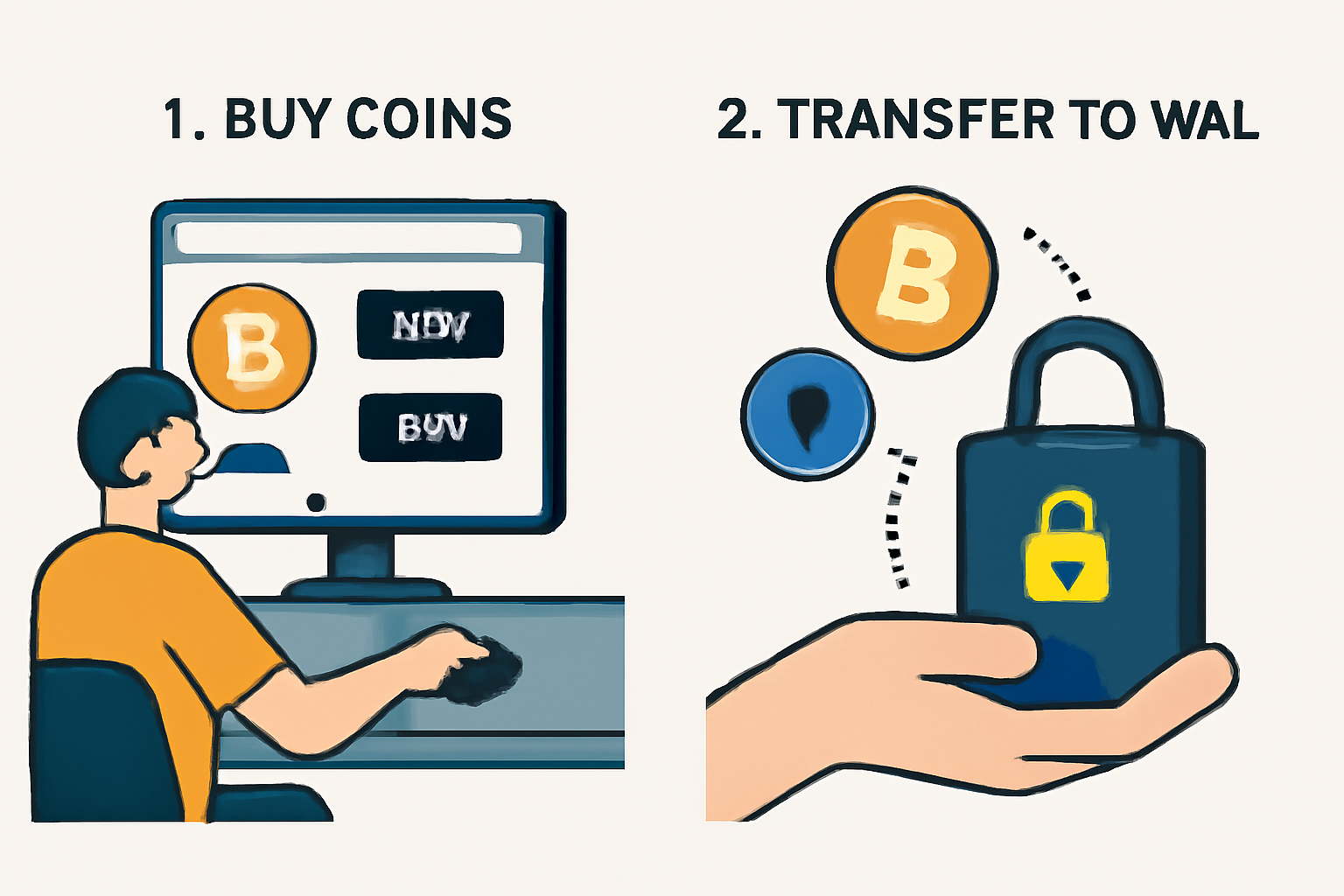 A user buying Bitcoin and Ethereum on a modern exchange interface, then transferring coins to a secure wallet