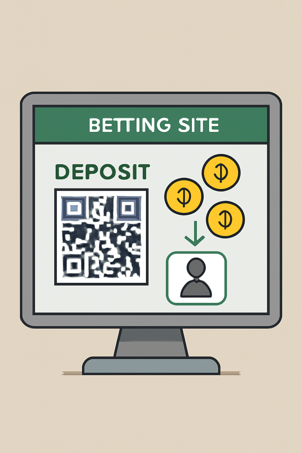 A computer screen showing a betting site deposit page, with a QR code and crypto coins flying into an account