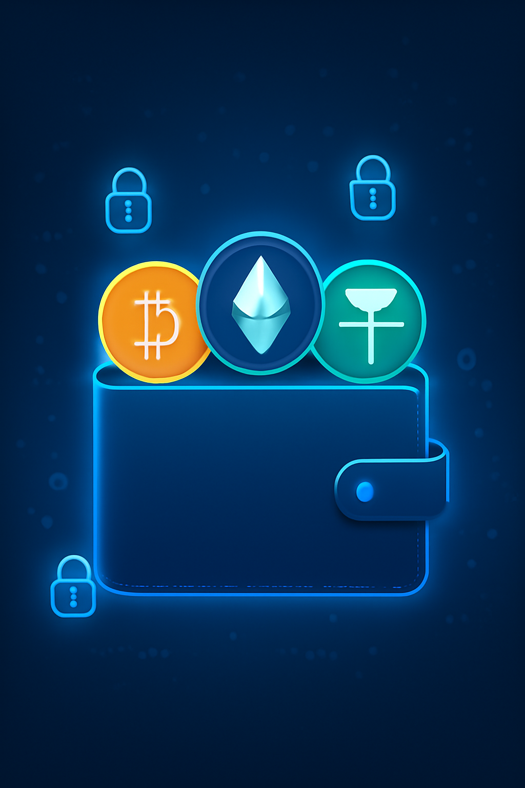 A sleek digital wallet with Bitcoin, Ethereum, and USDT icons, glowing with security locks, on a futuristic background