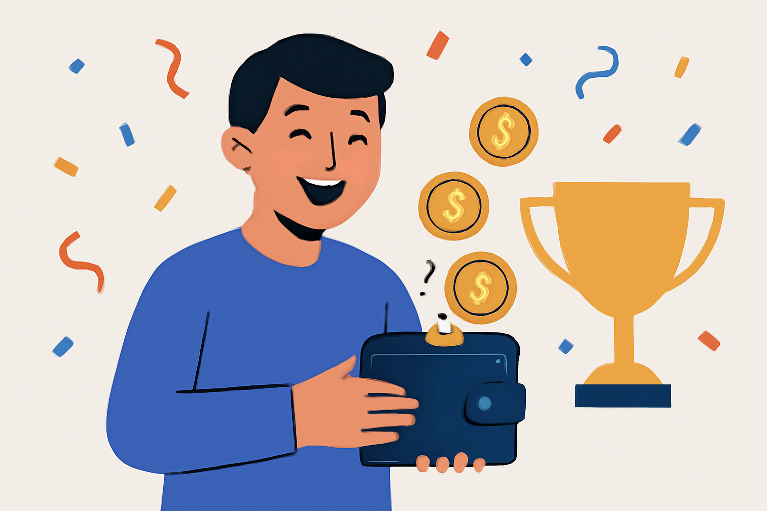 A happy user receiving crypto coins into their wallet, with confetti and a trophy in the background