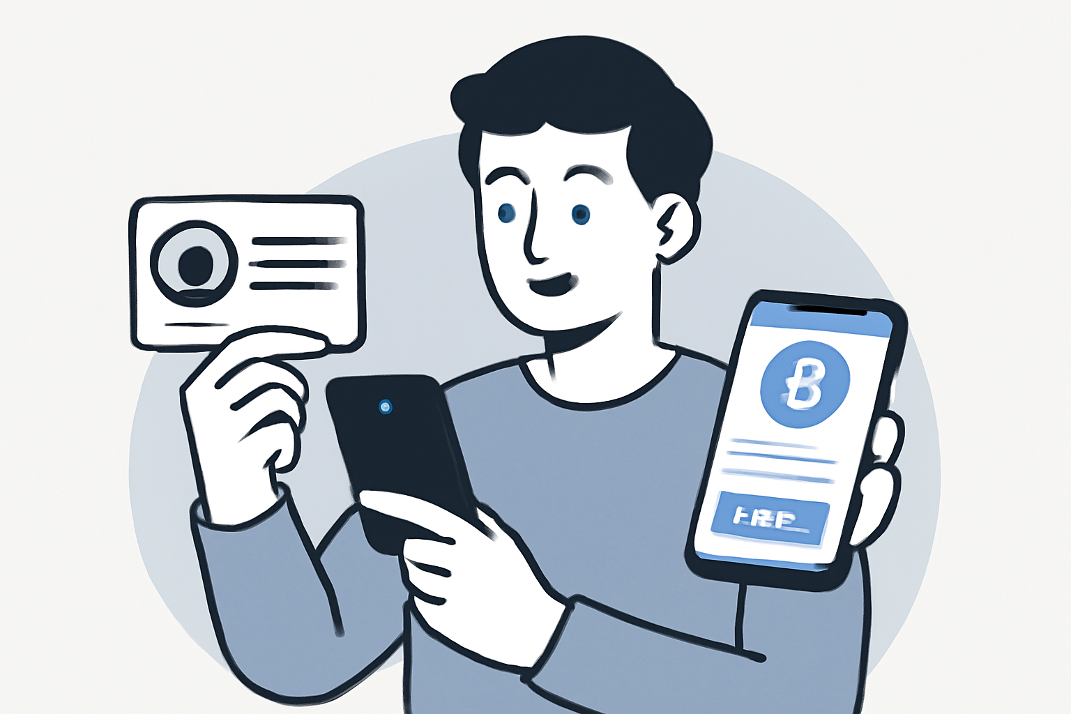 person holding ID card and using a smartphone to register on a crypto trading app, clean and modern style