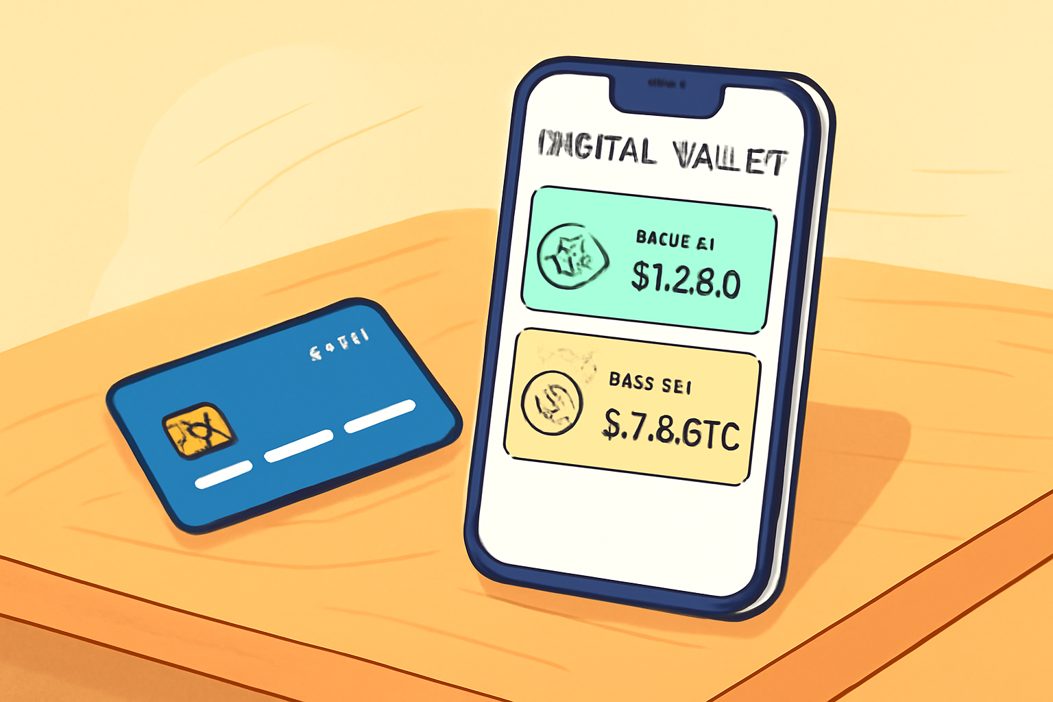 digital wallet showing fiat and crypto balances, with bank card and smartphone on a table, bright and inviting