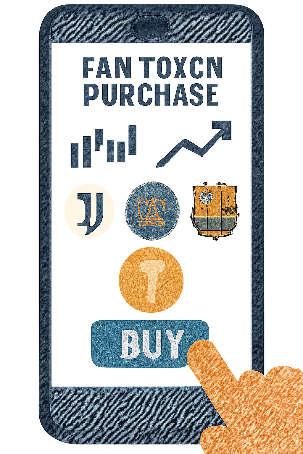 smartphone screen showing a fan token purchase, with charts and Juventus, PSG, and Barcelona logos, digital style